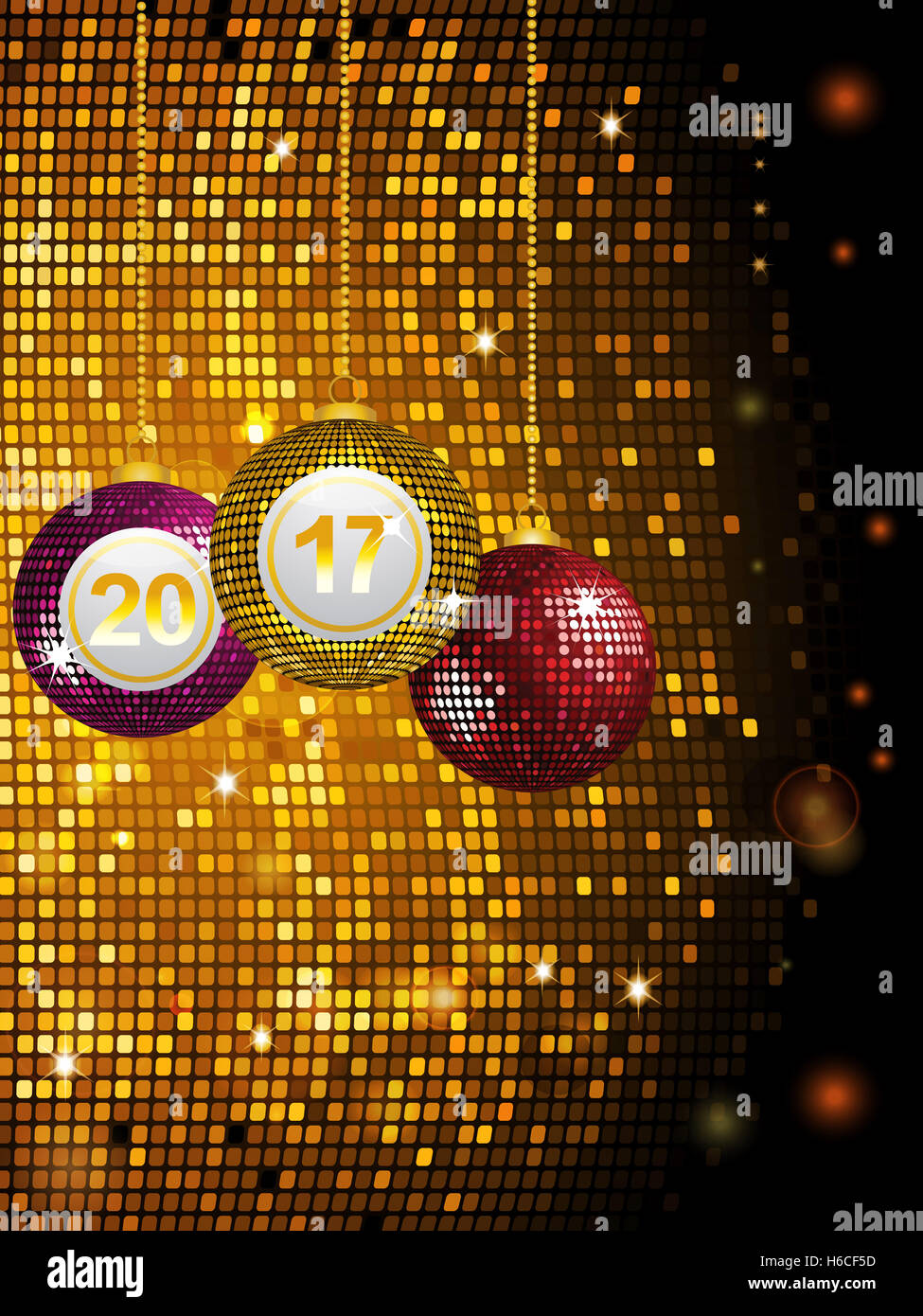 Disco Ball Baubles with 2017 Over Sparkling Glowing Golden Tiles