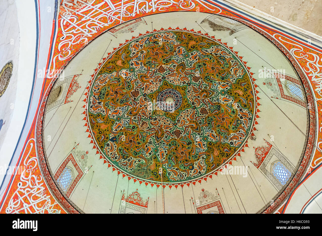 The colorful dome over the Sema Hall in Mevlana Museum decorated with floral islamic patterns Stock Photo