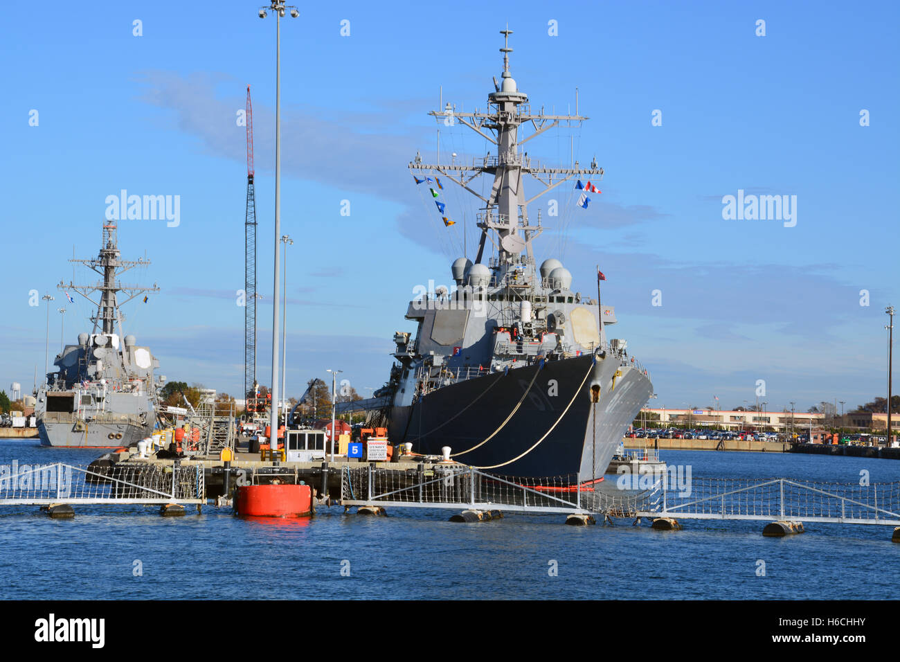 US Navy destroyer DDG-61 USS Ramage between deployments in the Norfolk Naval ship yard at the Port of Virginia. Stock Photo