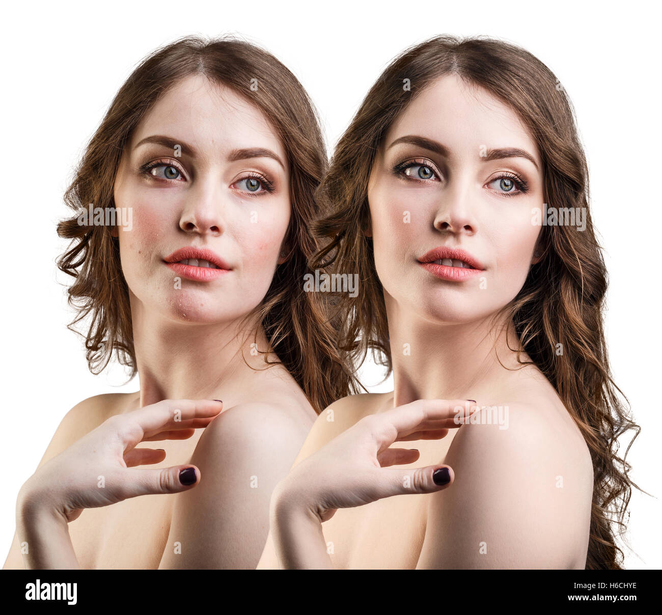 Portrait of young girl with and without makeup Stock Photo