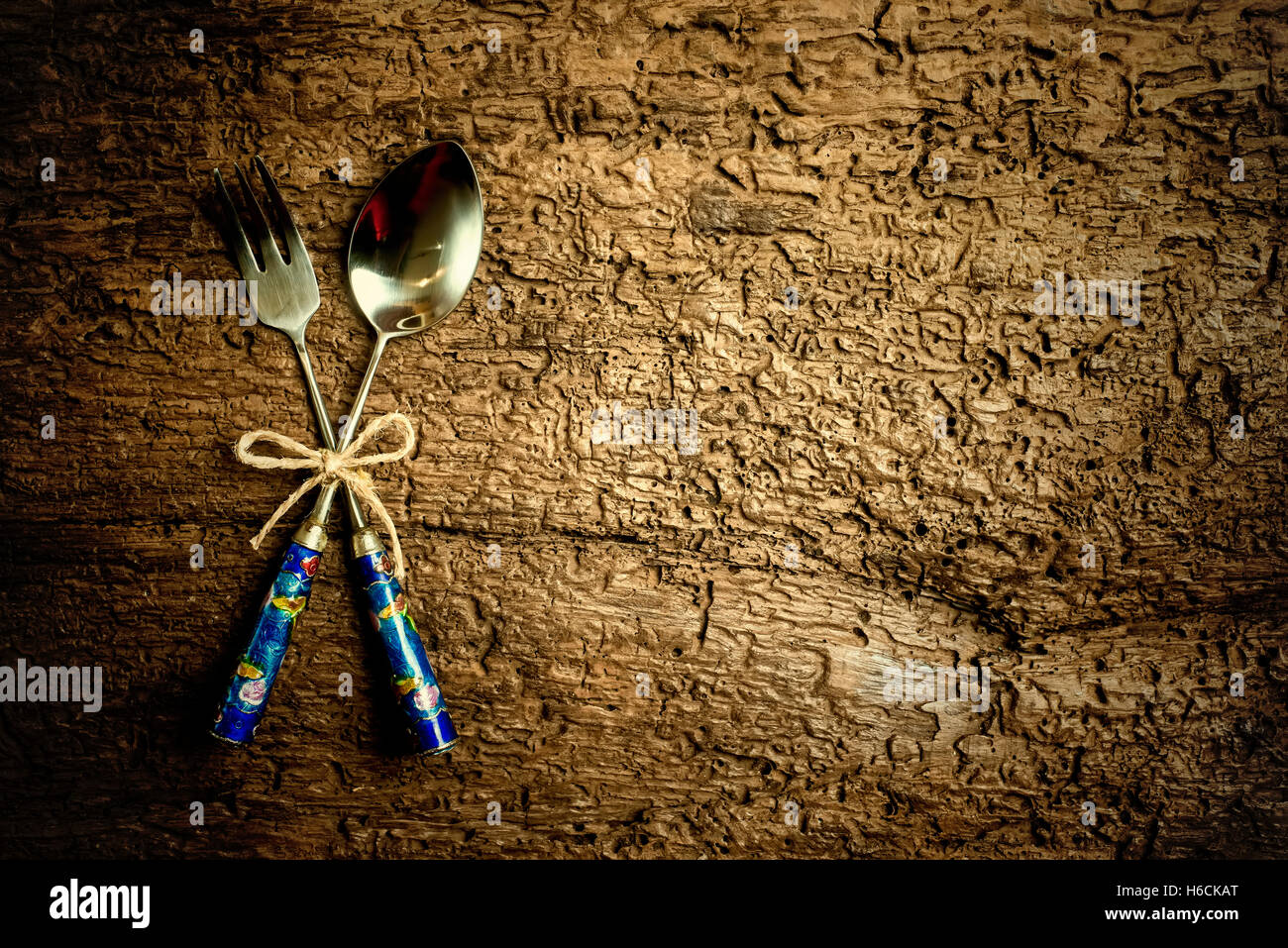 Menu background, vintage set cutlery on rustic wood background with empty space for text Stock Photo