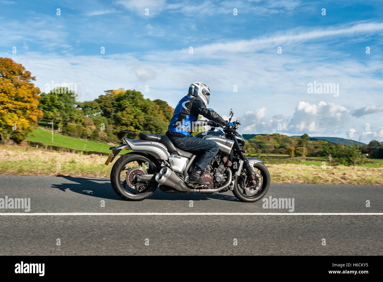 UK. Road testing the new 2016 Yamaha VMAX motorcycle, with a 4-cylinder liquid cooled 1679cc V4 engine Stock Photo