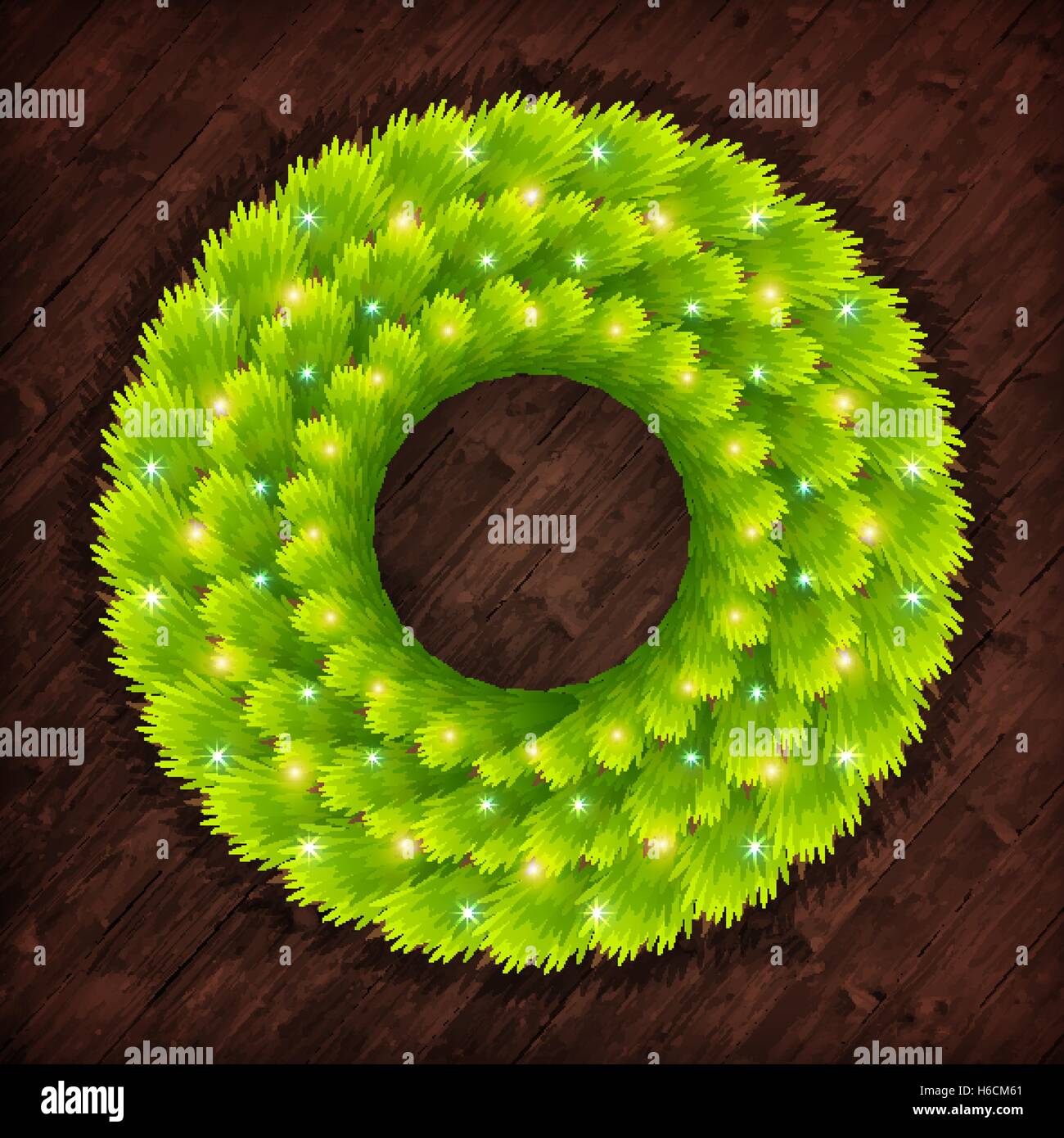 Christmas wreath from the branches of an evergreen tree with glowing elements on a dark wooden background Stock Vector