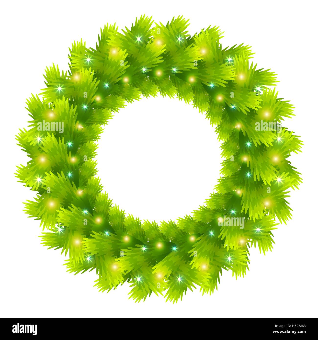 Christmas wreath from the branches of an evergreen tree with with glowing elements on a white background Stock Vector