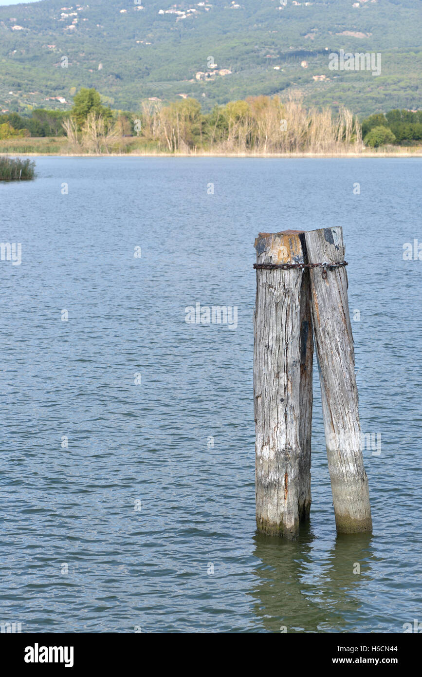 Old log pontoon for boats on lakeside Stock Photo