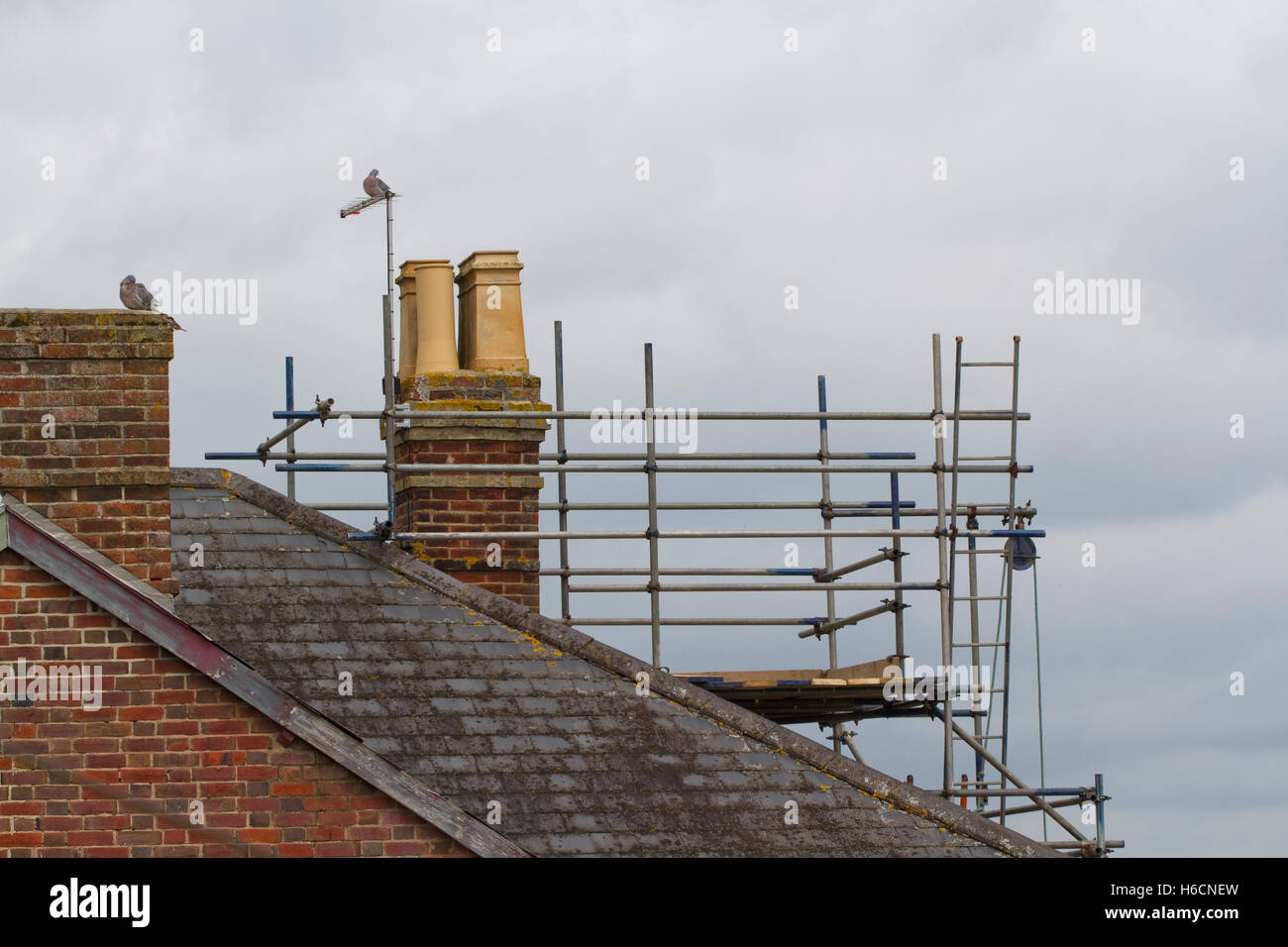 Scaffolding around a chimney stack on a slate roof Stock Photo - Alamy