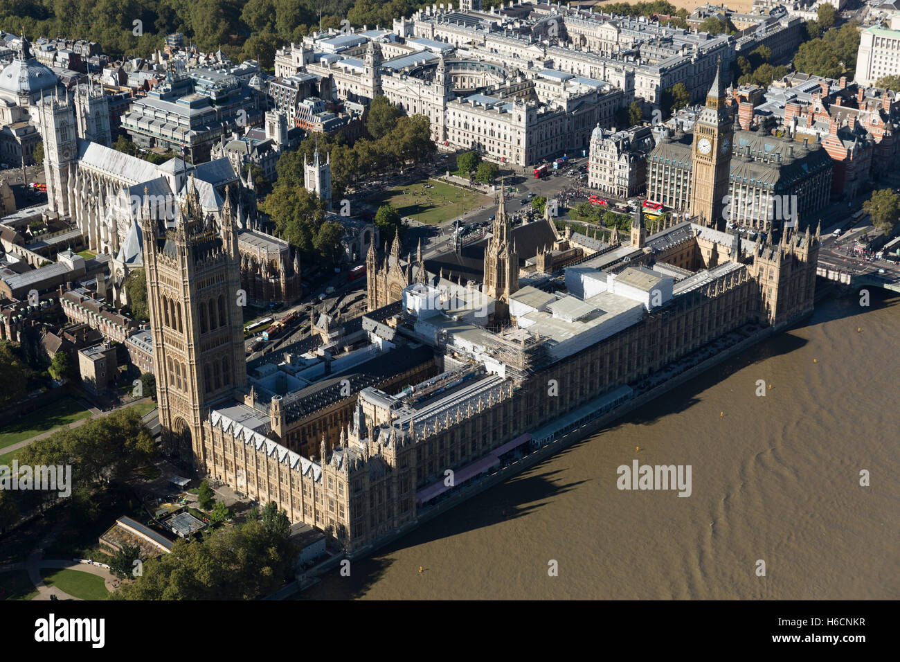 The Palace of Westminster is covered in scaffolding as repair work begins to fix the crumbling building. Stock Photo