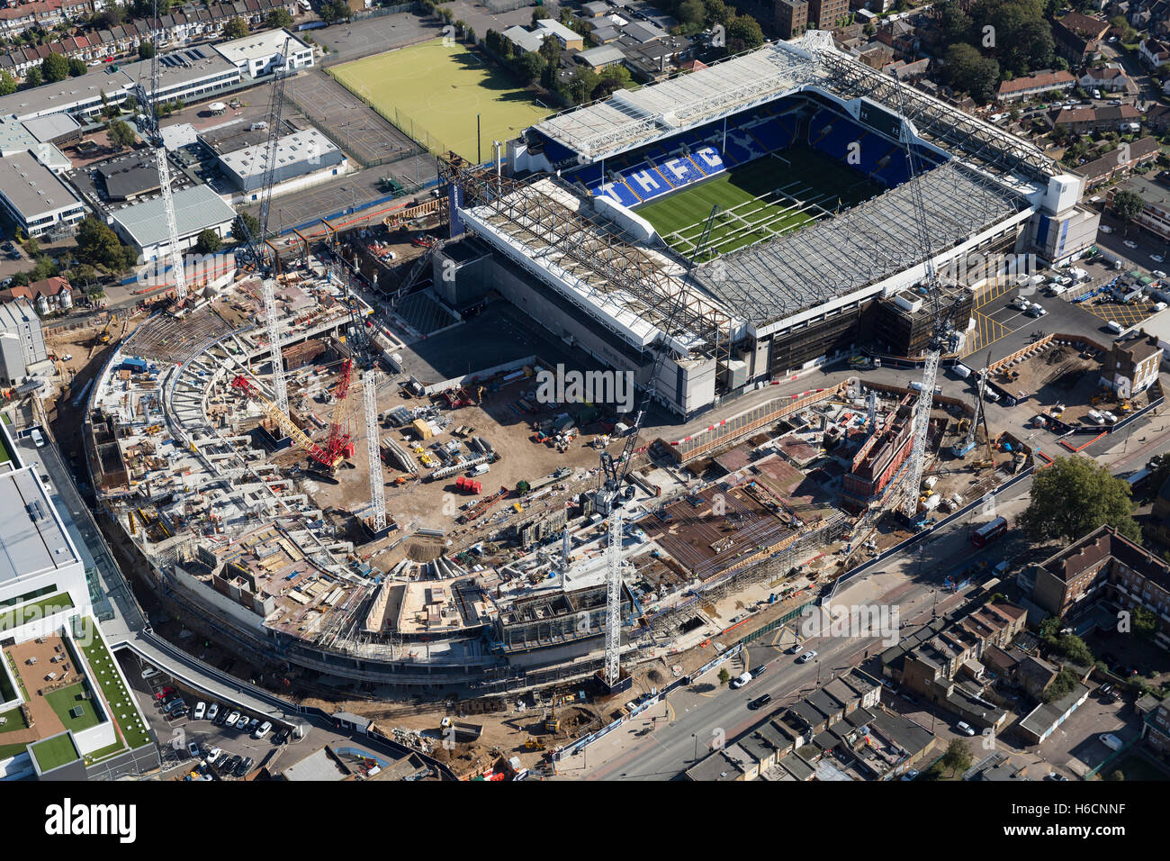 Tottenham Hotspur FC new stadium construction. White Hart Lane has been partially demolished ahead of the building. Stock Photo