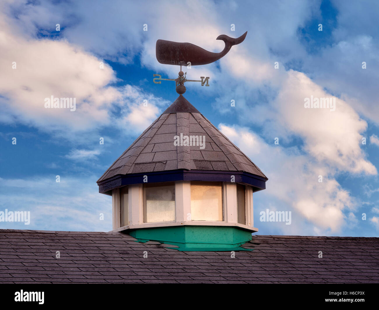 Roof top with whale weather vain. Fisherman's Wharf. Monterey, California Stock Photo