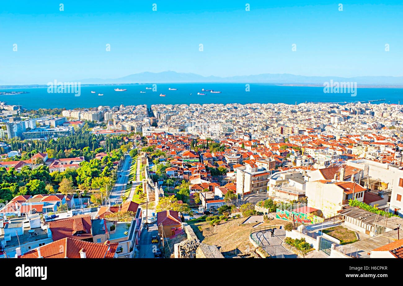 The aerial view of Thessaloniki from its ancient ramparts, located in Ano Poli (upper town), Greece. Stock Photo