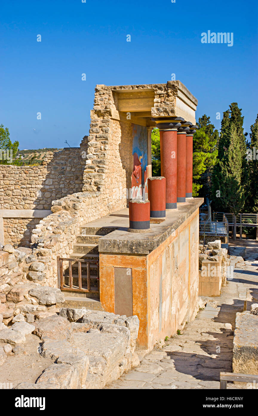 The replicas of some ancient frescoes were recreated on preserved walls of Knossos Palace Stock Photo