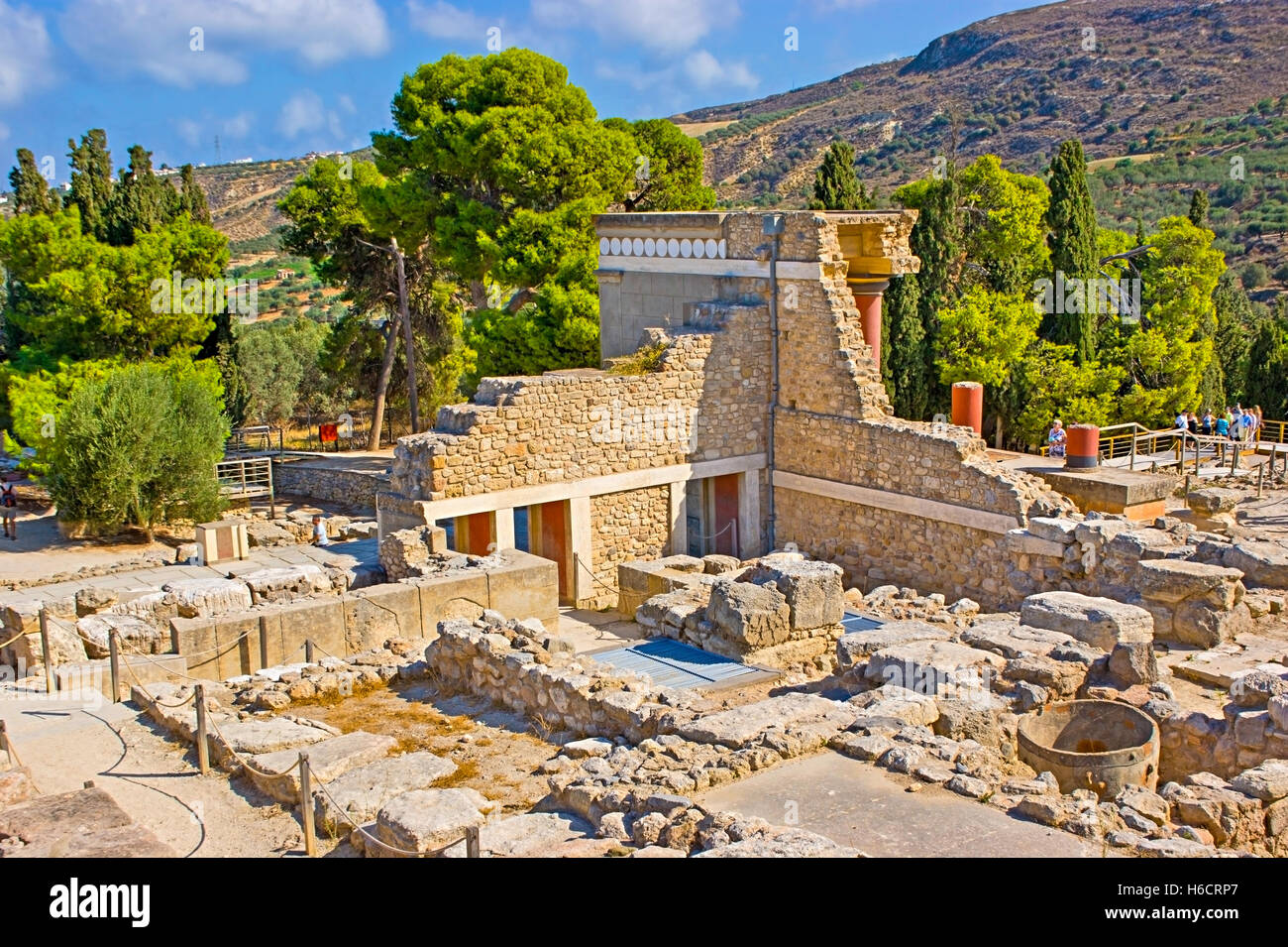 The ruins of Knossos Palace include preserved or renovated parts of chambers, halls, corridors and frescoes Stock Photo