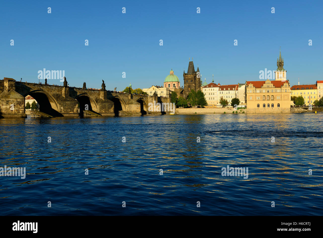 Charles Bridge, The Vitava River and St. Francis Church, Old Town Bridge Tower, Smetana Museum, Prague, Czech Republic Stock Photo