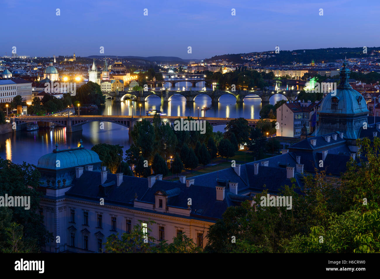 Vltava River, bridges, Charles Bridge, Czech Parliament, Prague, Czech Republic Stock Photo