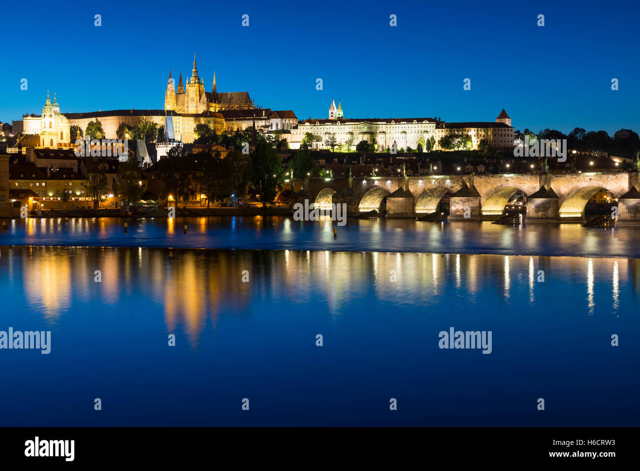 Charles Bridge, Vltava River, Prague Castle, St. Vitus Cathedral, Hradcny, Castle District, Prague, Czech Republic Stock Photo