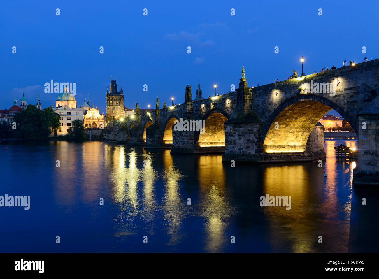 Charles Bridge, Vltava River, St. Francis Church, Old Town Bridge Tower, Prague, Czech Republic Stock Photo