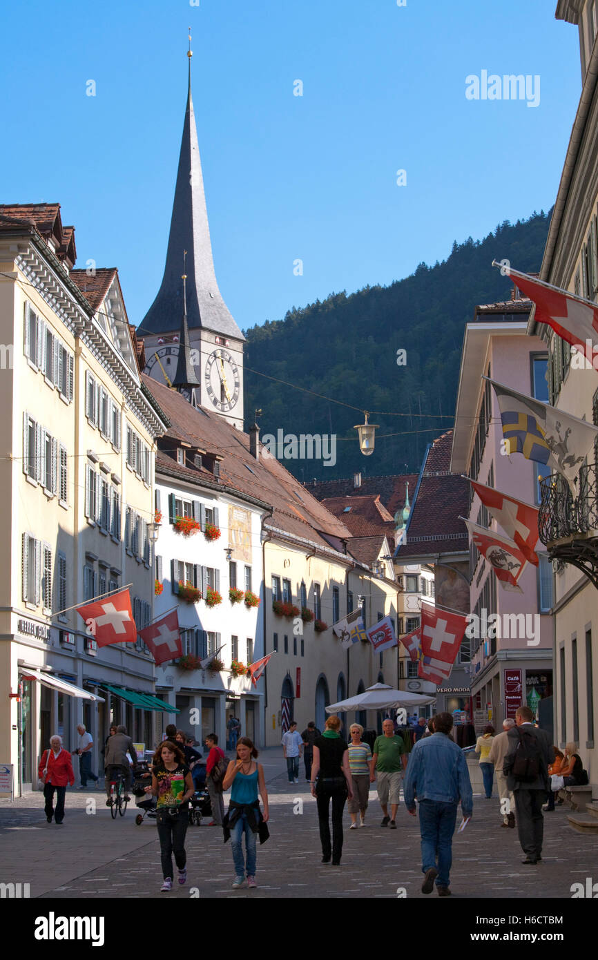 Poststrasse street and church St. Martin, shopping street, street scene, people, Chur, Grisons, Switzerland, Europe Stock Photo