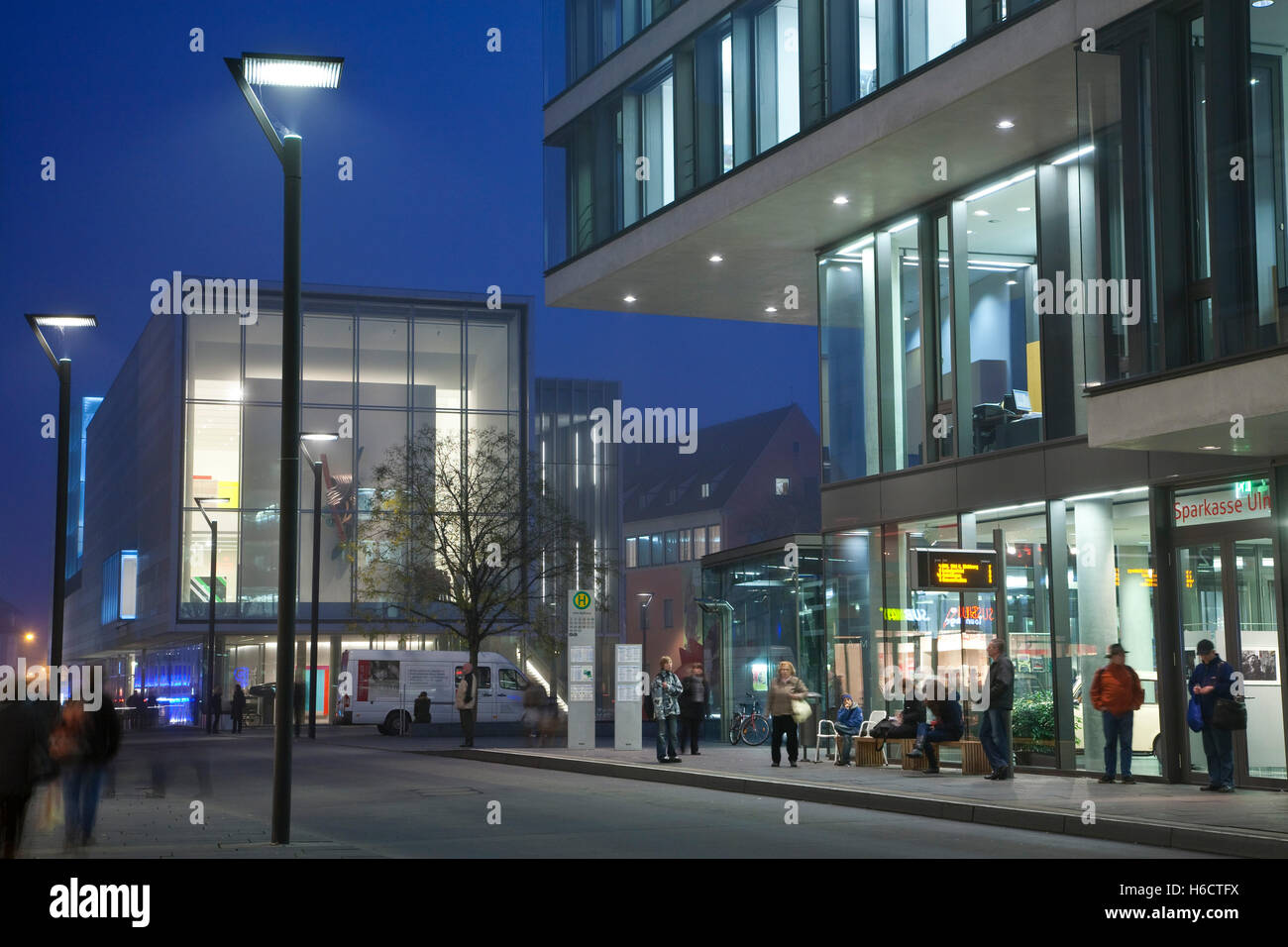 Neue Mitte with Weishaupt art gallery and Ulm Sparkasse at night