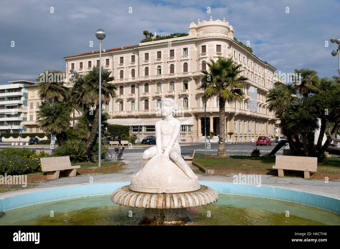 Fountain in front of the Hotel Principe di Piemonte, Viareggio, Versilia, Riviera, Tuscany, Italy, Europe Stock Photo
