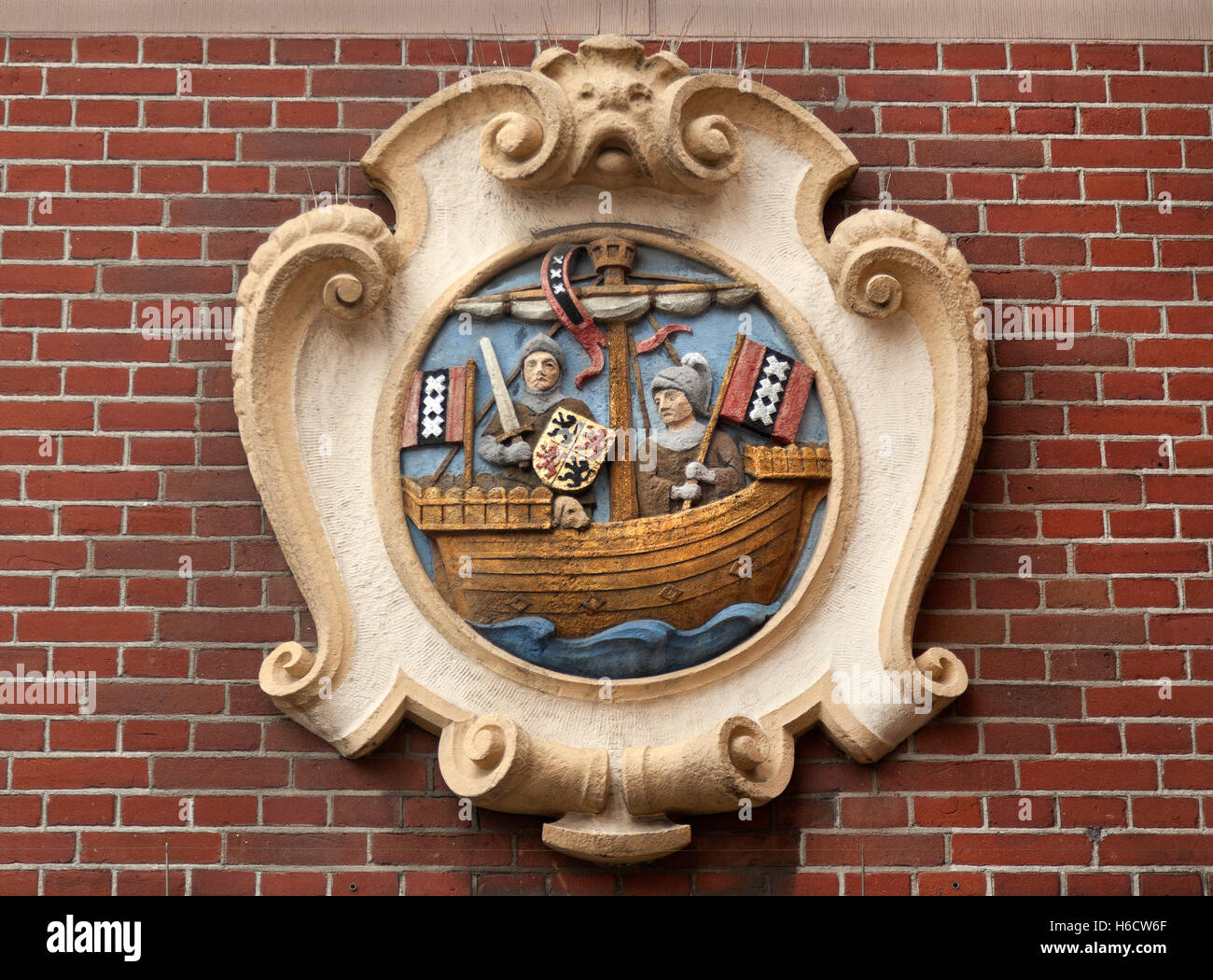 Amsterdam, Netherlands, shop logo, medieval soldiers in a boat Stock Photo