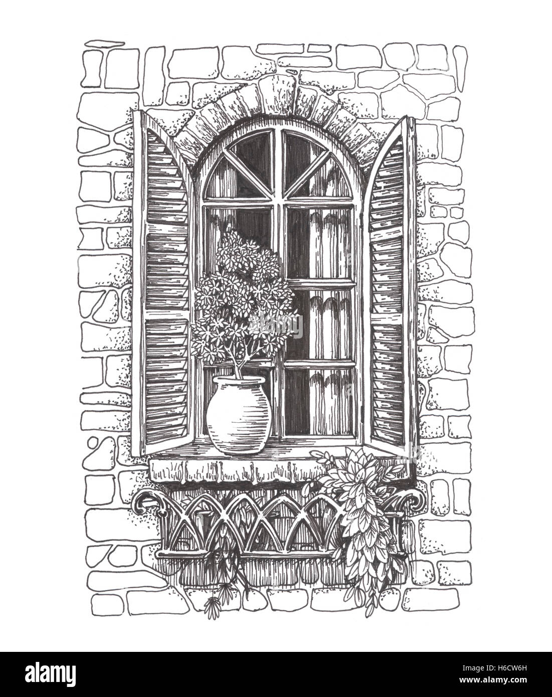 Drawn sketch vintage window with shutters Stock Photo