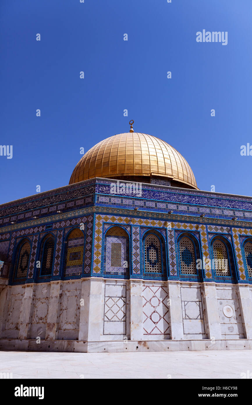 Low and wide angle view of one of the holiest places to the Islam, the Dome Of The Rock in the old city of Jerusalem. Stock Photo
