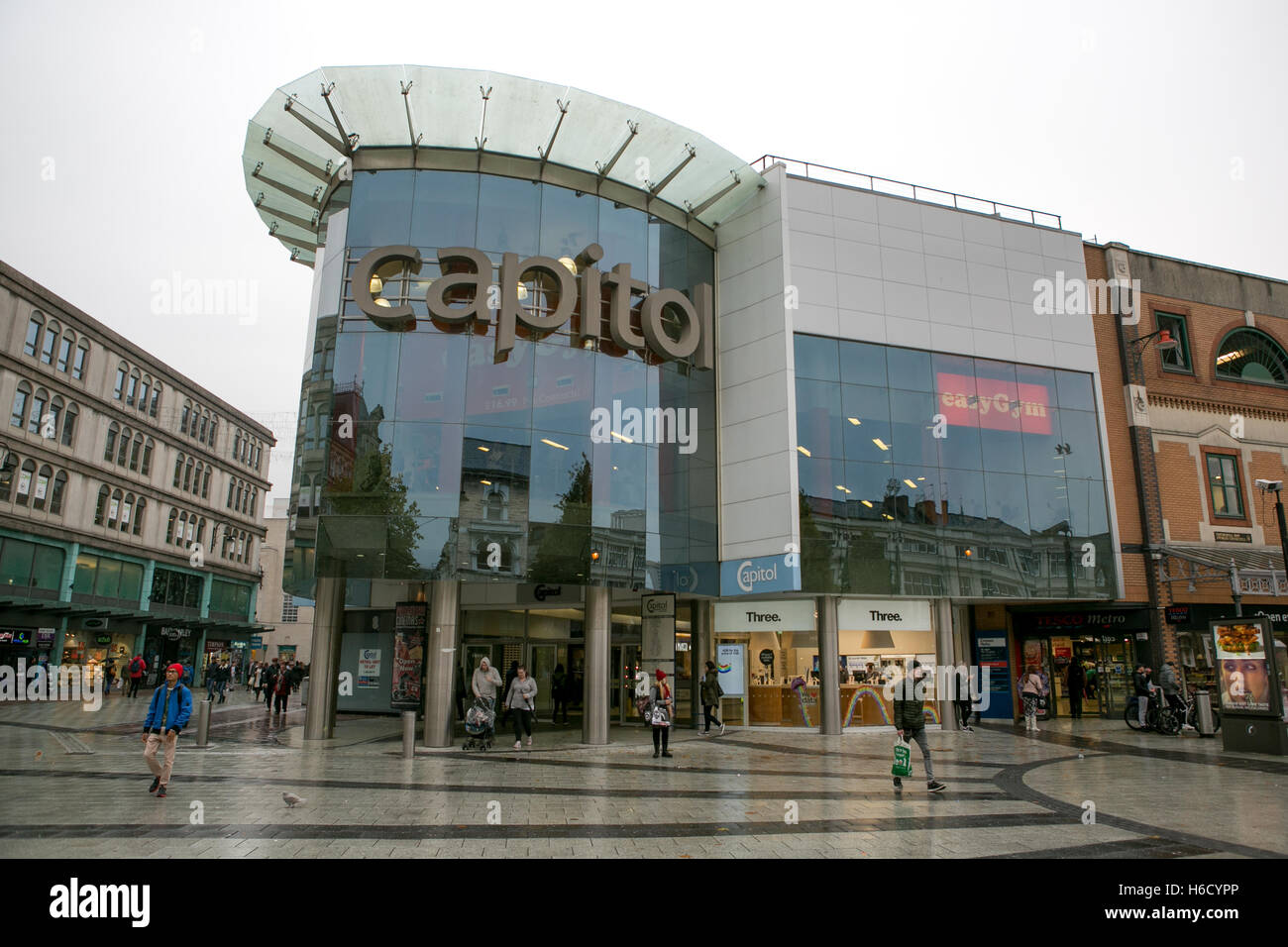 The Capitol shopping centre building in Cardiff on a wet day Stock