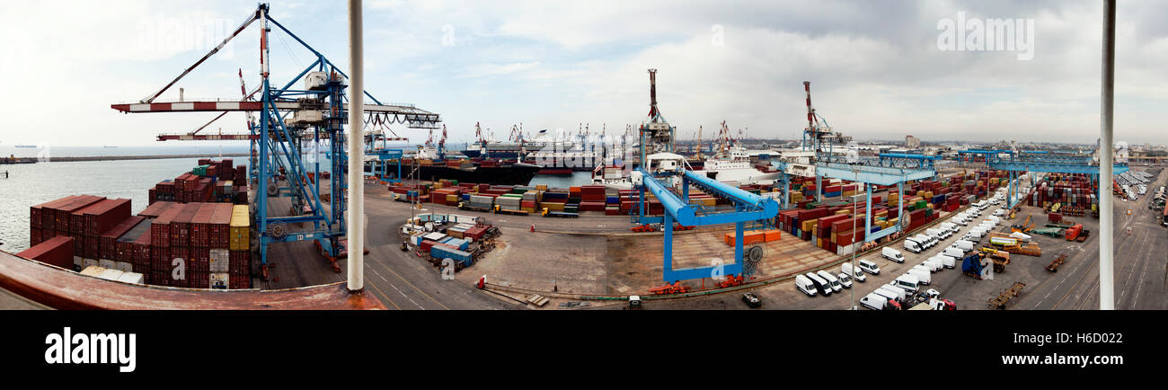 Image showcasing Panoramic view, as seen from the bridge of a cargo ship, of an ...