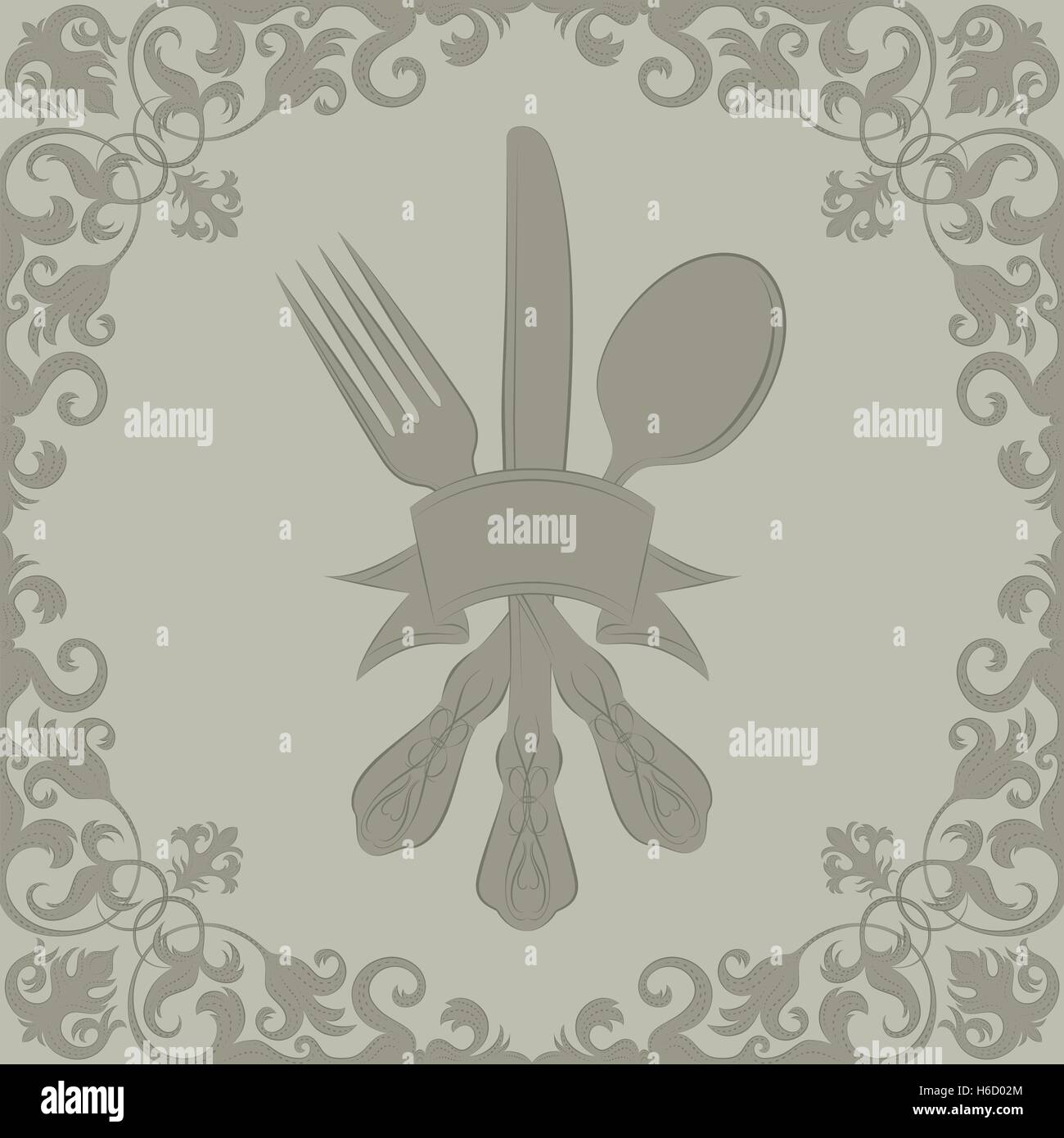 Silverware and scroll frame  Silverware behind a ribbon banner over a background with decorative scroll work. Stock Vector