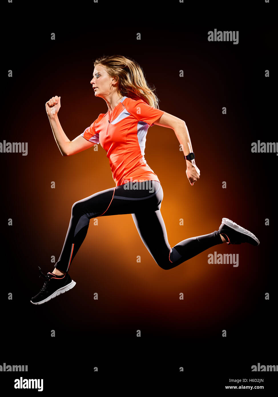 one caucasian young woman runner running jogger jogging isolated on
