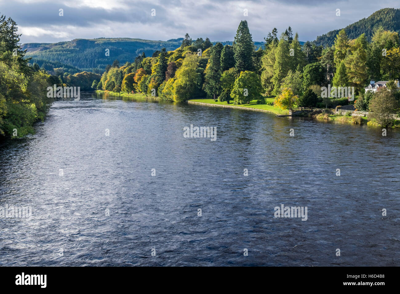 Dunkeld Spring River Tay flowing through the village of Dunkeld, Scotland Stock Photo ...