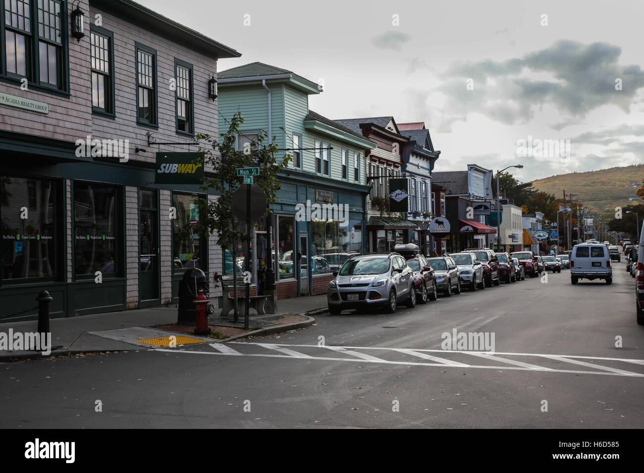 Bar Harbor downtown during Autumn season, Cottage Street view in Bar