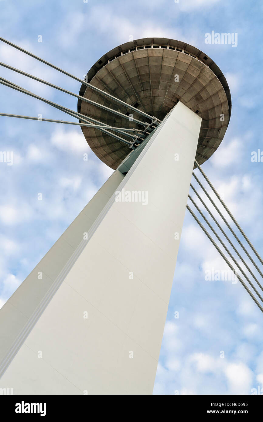 Bottom view of SNP bridge with restaurant on top in Bratislava, Slovakia. Architectural theme. Stock Photo