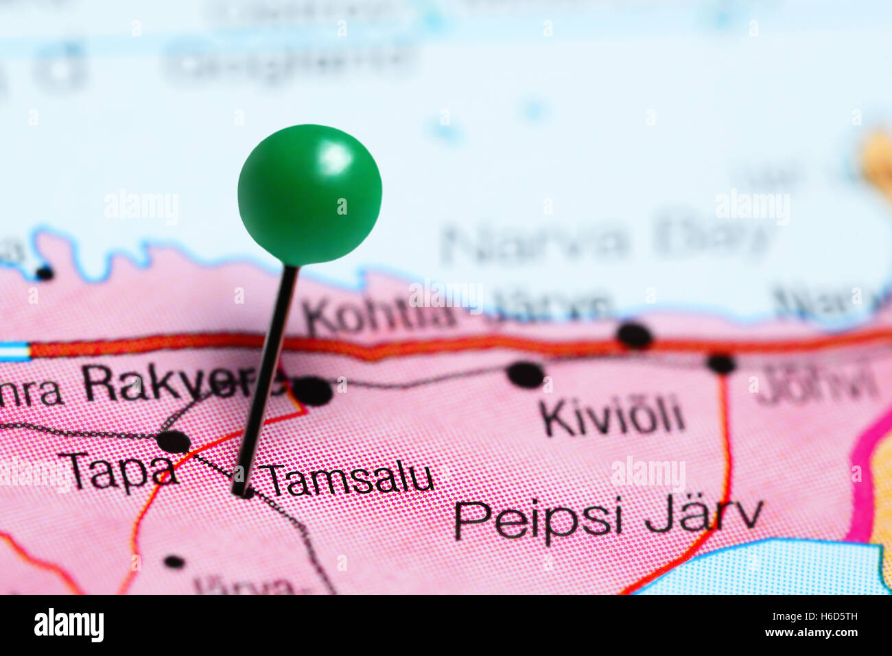 Tamsalu pinned on a map of Estonia Stock Photo