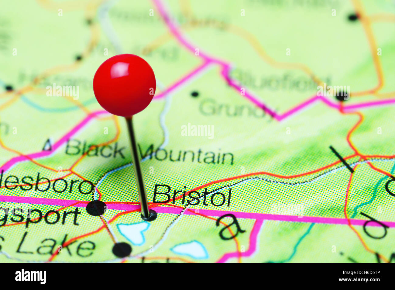 Bristol pinned on a map of Tennessee, USA Stock Photo