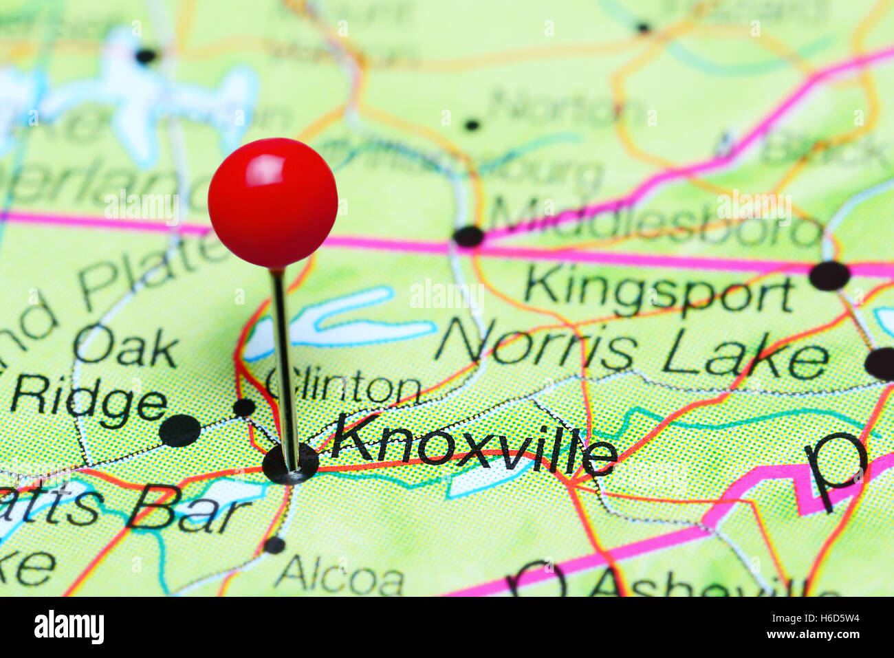 Knoxville pinned on a map of Tennessee, USA Stock Photo