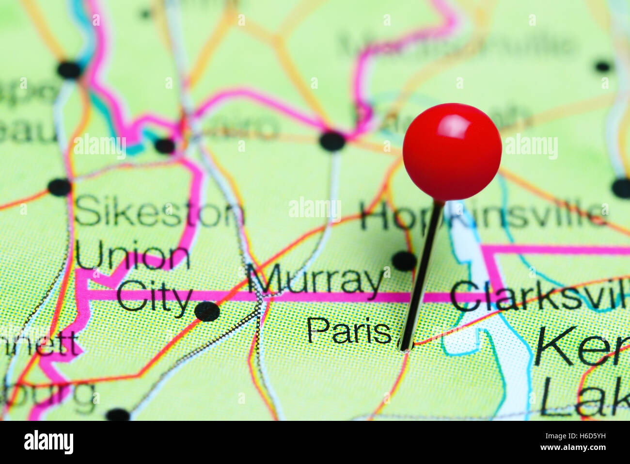 Paris pinned on a map of Tennessee, USA Stock Photo