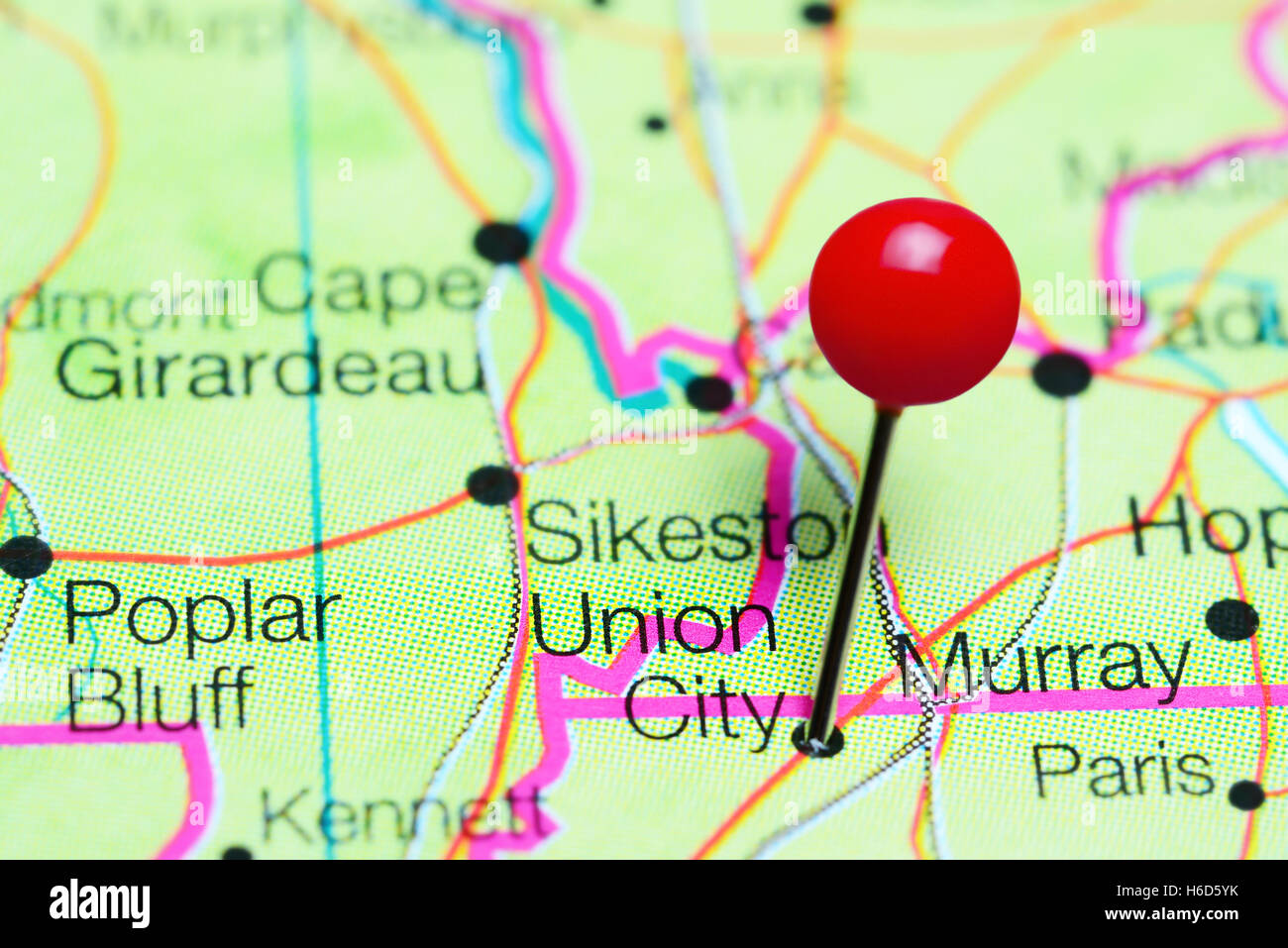 Union City pinned on a map of Tennessee, USA Stock Photo
