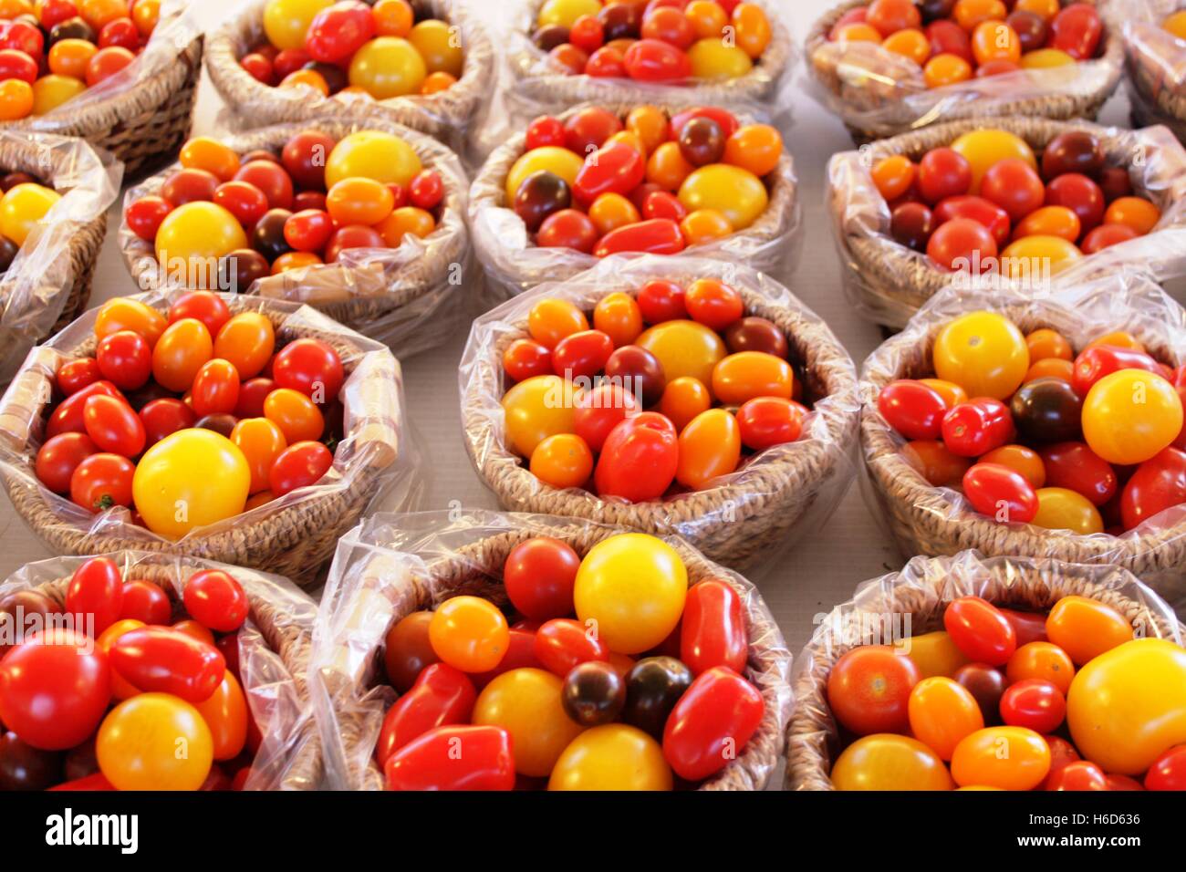 Colorful tomatoes at Jean Talon Market. Stock Photo