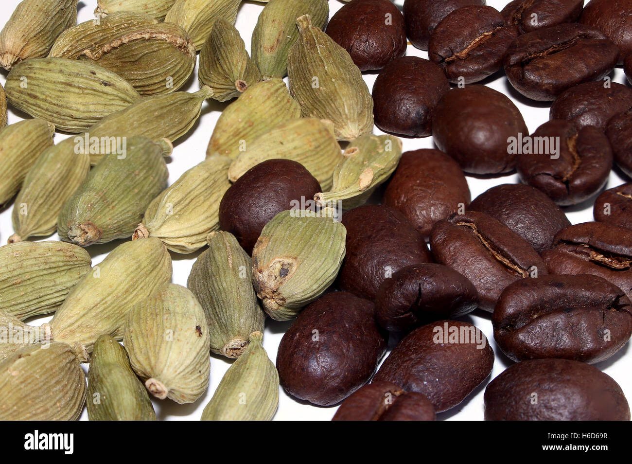 Cardamon and coffee beans close-up background Stock Photo