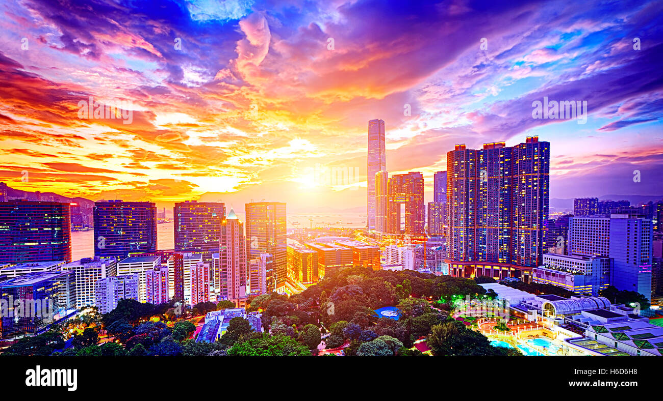 Hong Kong skyline at sunset Stock Photo - Alamy