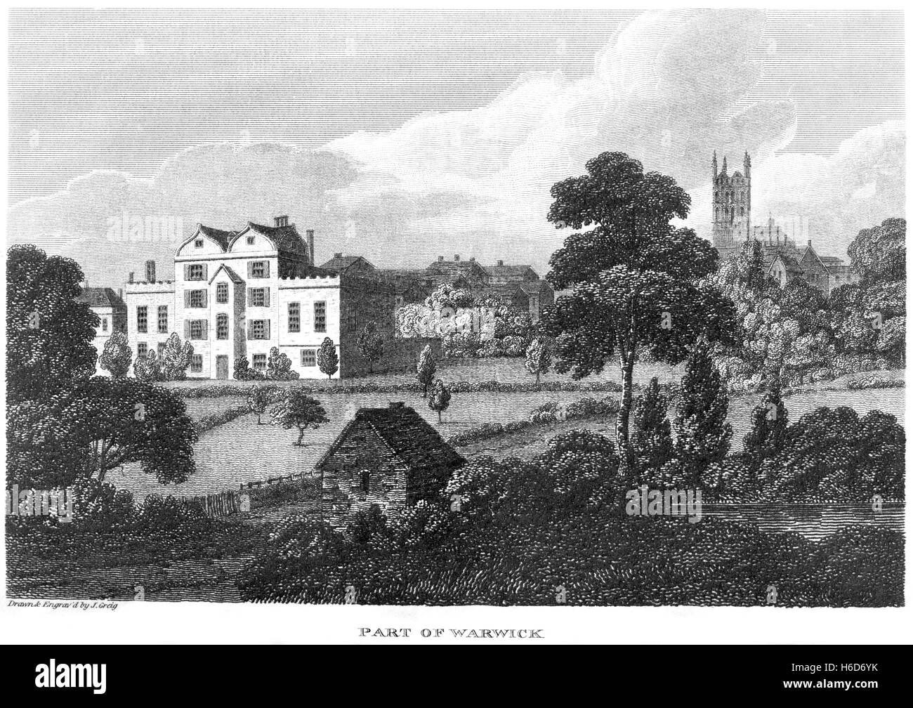An engraving of a Part of Warwick, Warwickshire scanned at high resolution from a book printed in 1812. Believed copyright free. Stock Photo