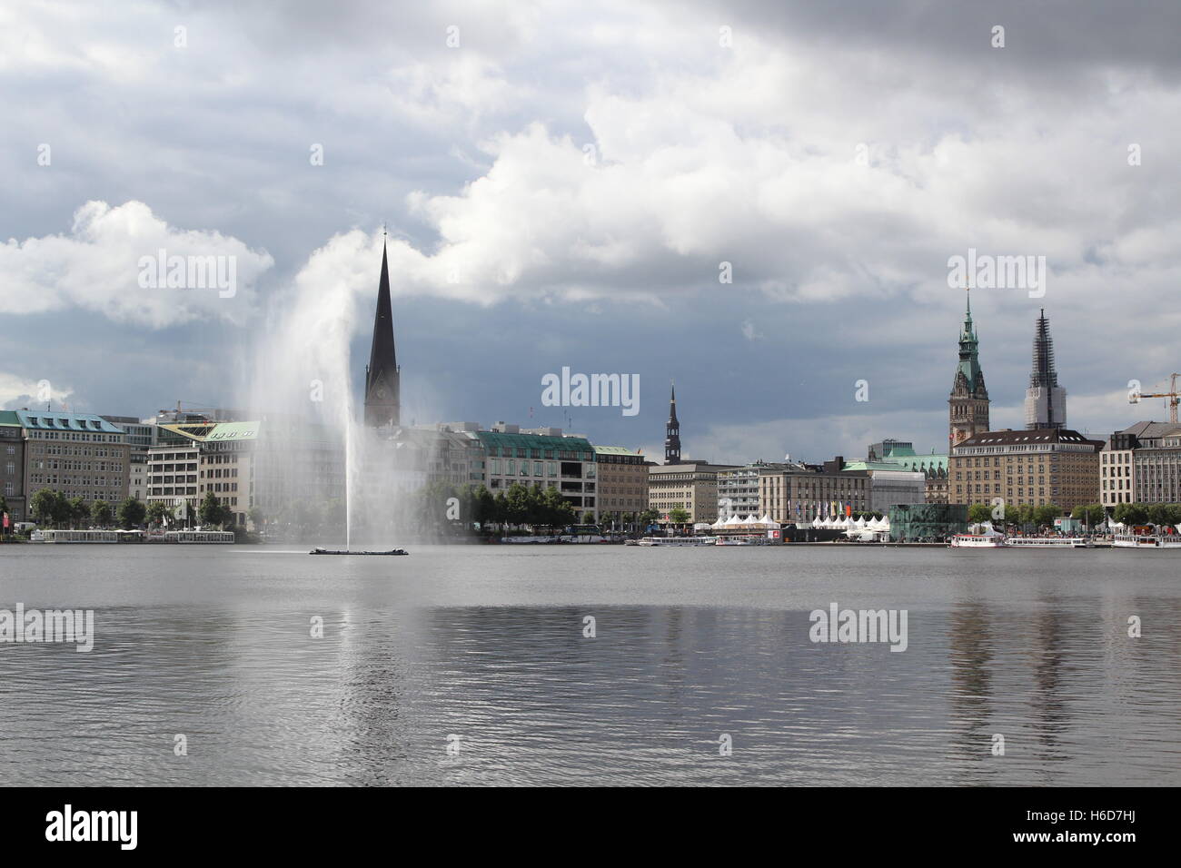 Inner Alster with a water fountain Stock Photo