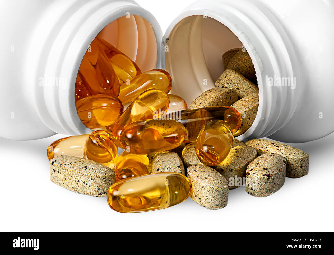 Vitamins and fish oil capsules together isolated on white background Stock Photo