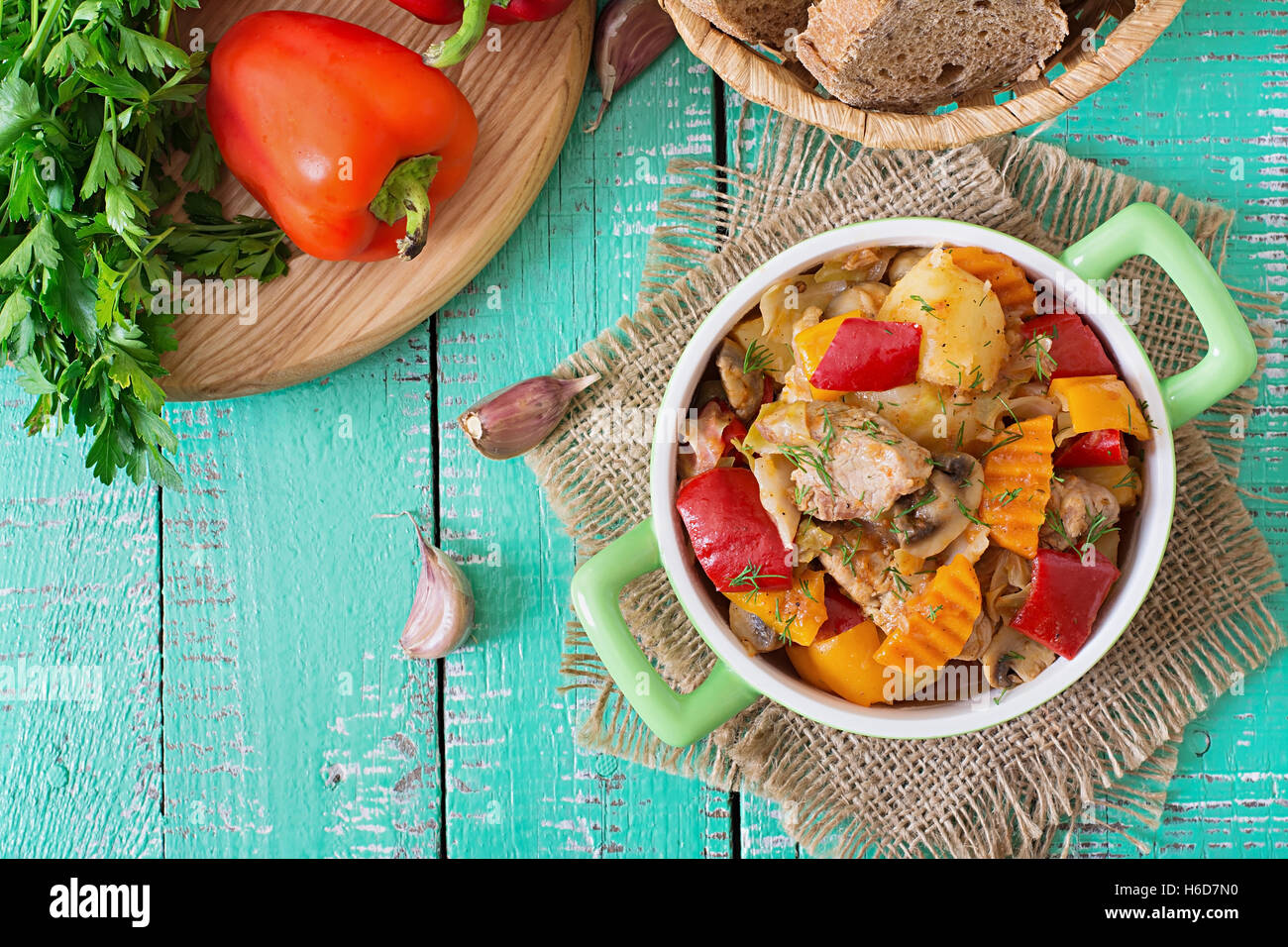 Stewed meat with vegetables. Top view Stock Photo Alamy