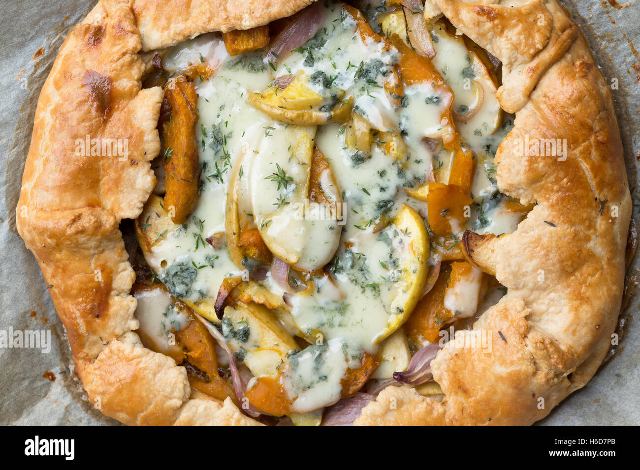 Galette with Onion, pumpkin,apples and blue cheese Stock Photo Alamy