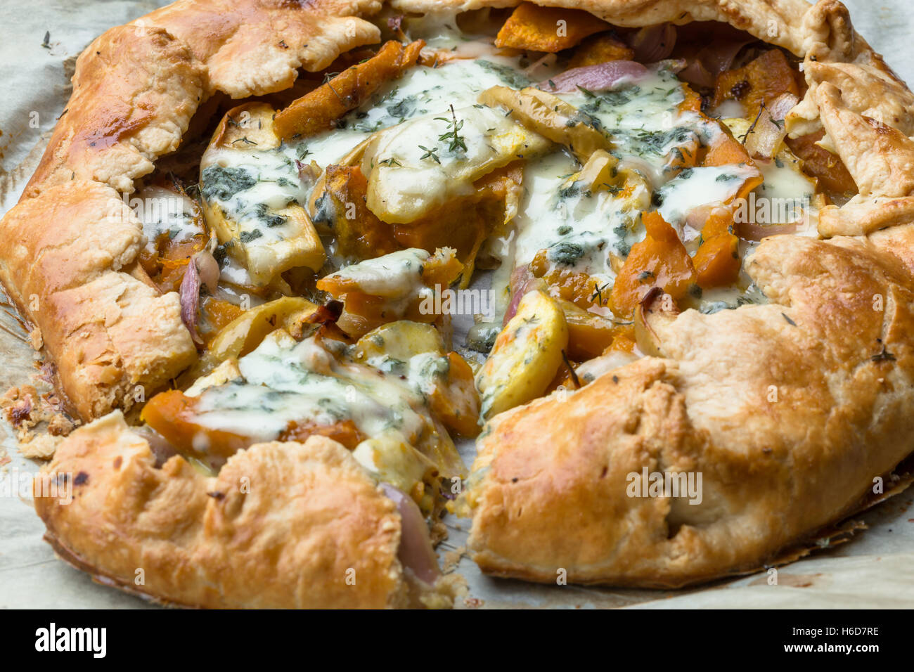 Galette with Onion, pumpkin,apples and blue cheese Stock Photo Alamy