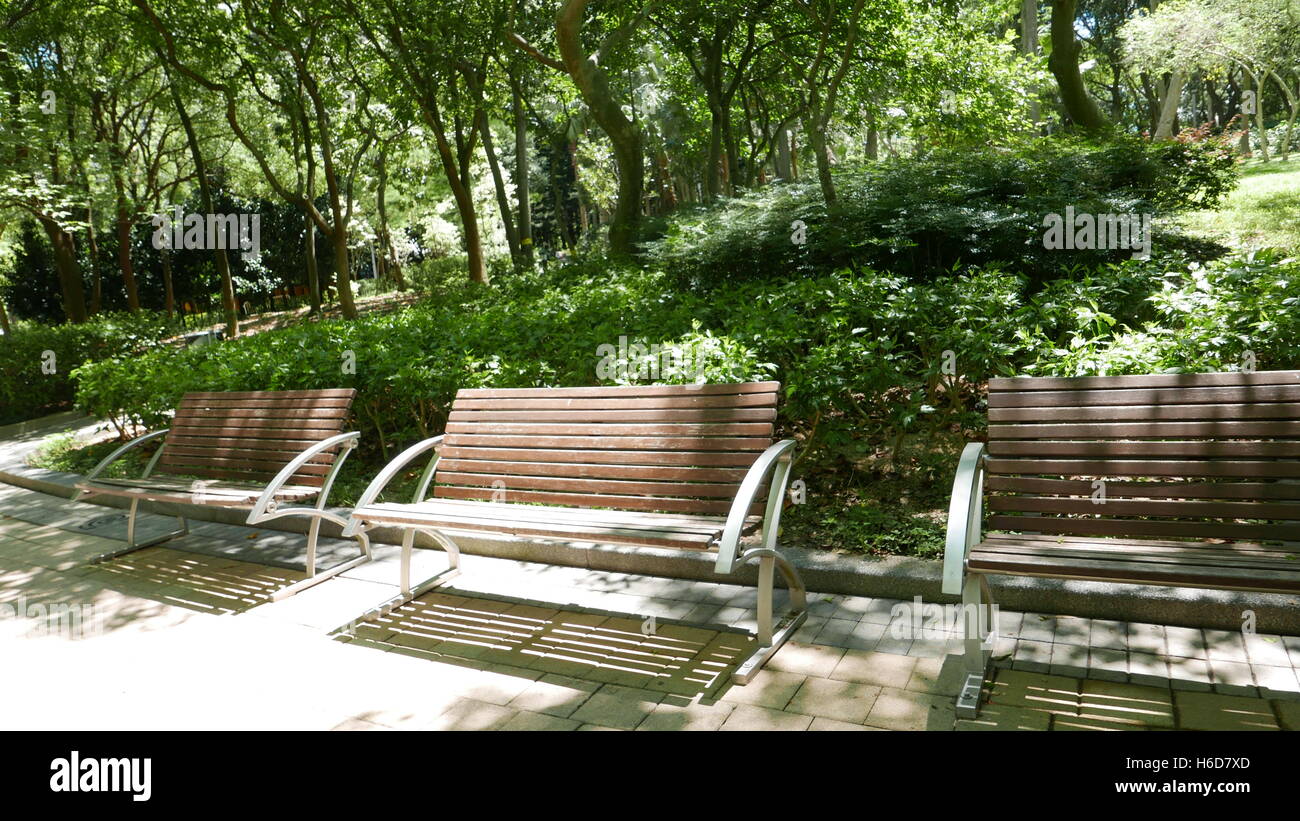 Outdoor brown wooden benches in public park Stock Photo
