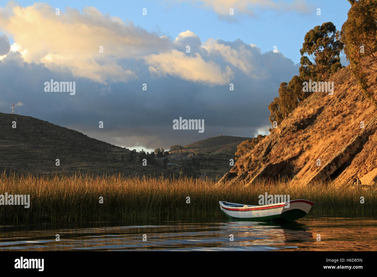 Boat on lake Titicaca, Island of the sun Stock Photo