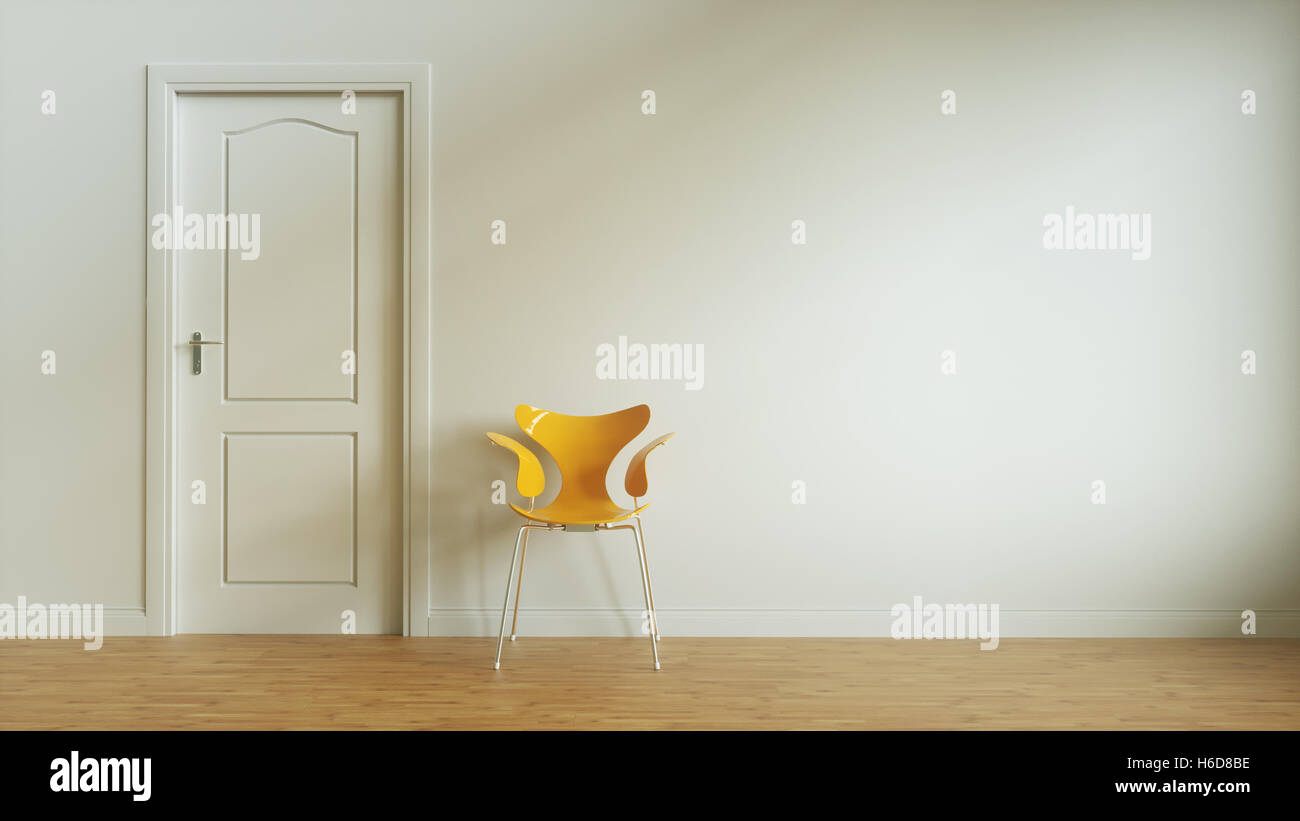 White Door on White Wall with chair, Wood Floor - 3D Rendering Stock Photo
